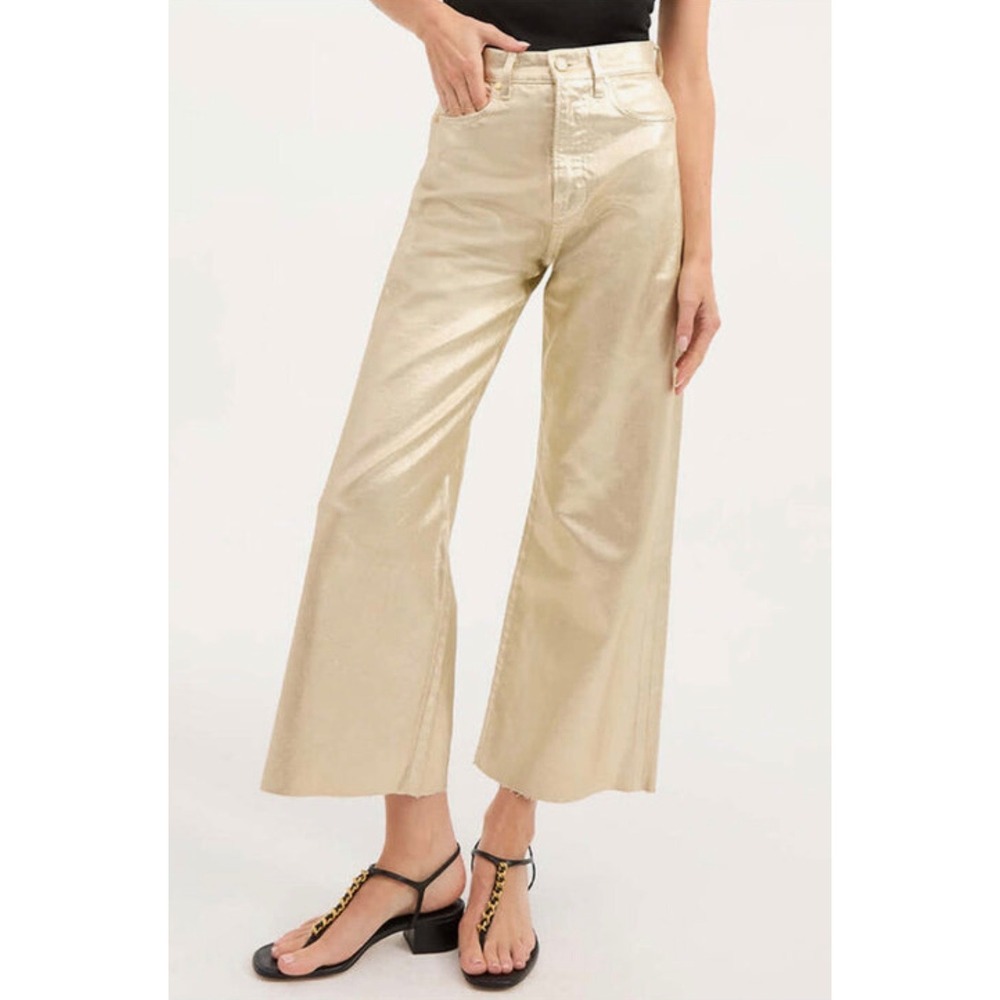 Veronica Beard Taylor Wide Leg Crop High Rise Jeans Womens Size 28 Gold Metallic